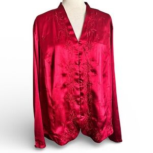Vintage Laura Scott Vibrant Red Satin Embroidered Long Sleeve Blouse